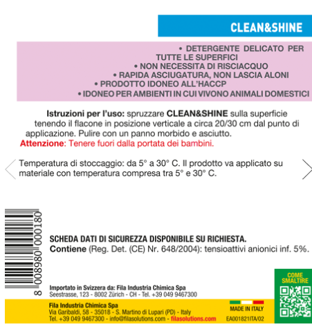 Fila Clean e Shine 750ml, pulitore brillantante per la casa, idoneo HACCP