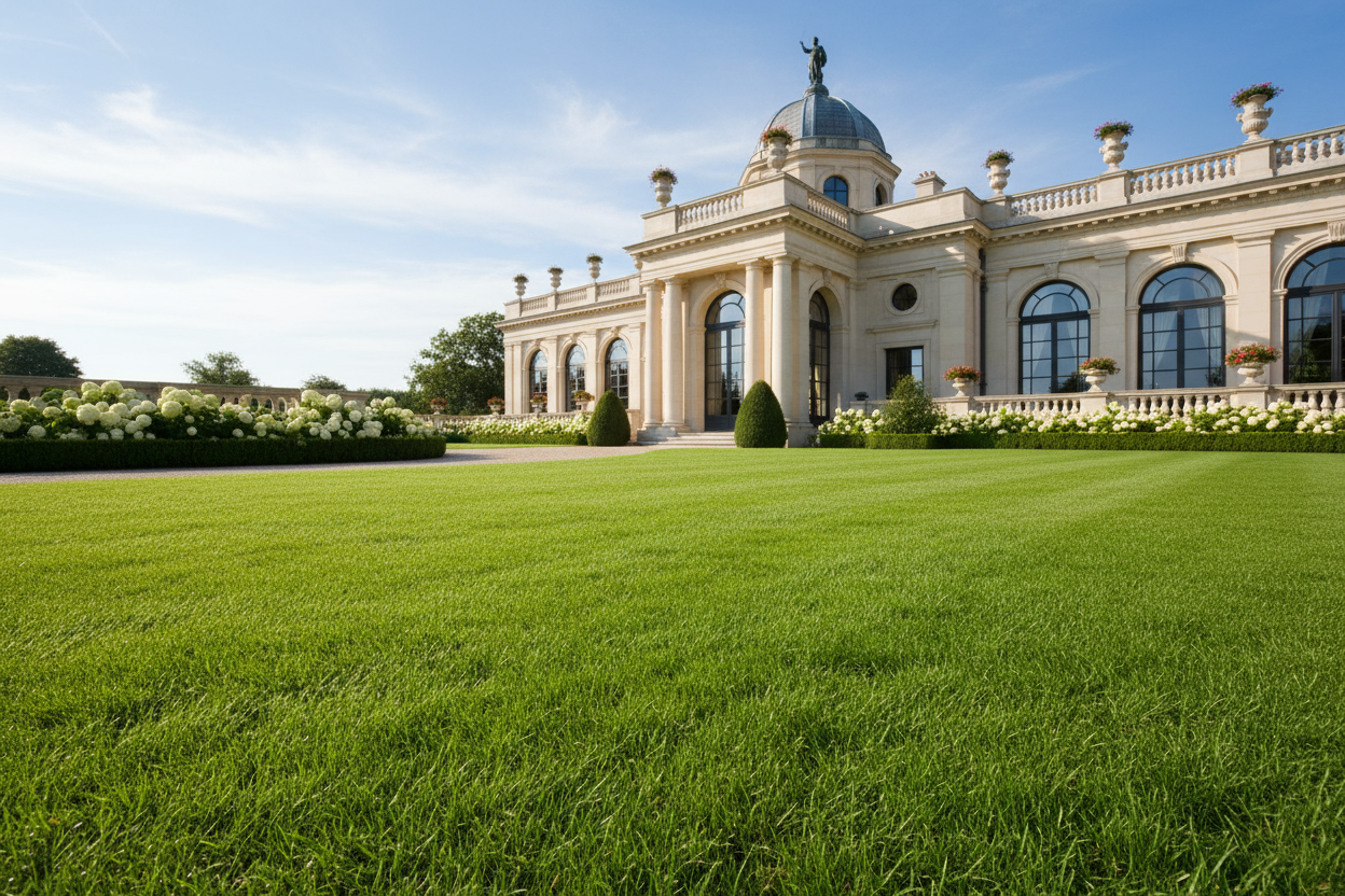 bel prato verde e pulito con edificio elegante sullo sfondi